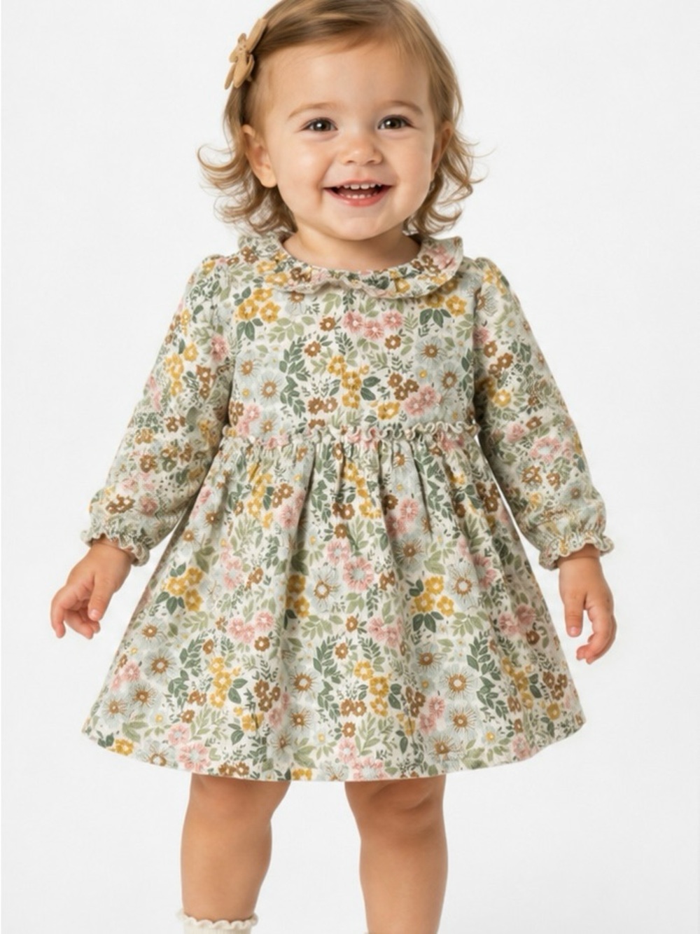 Catherine Malandrino Baby Floral Ruffle Neck Dress - Pink, Yellow, Green, Brown